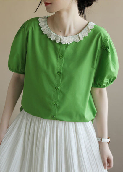Green Peter Pan Collar Patchwork Cotton Shirt Top Puff Sleeve