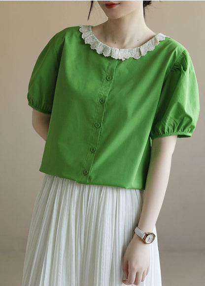 Green Peter Pan Collar Patchwork Cotton Shirt Top Puff Sleeve