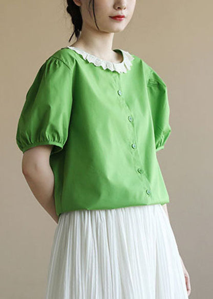 Green Peter Pan Collar Patchwork Cotton Shirt Top Puff Sleeve