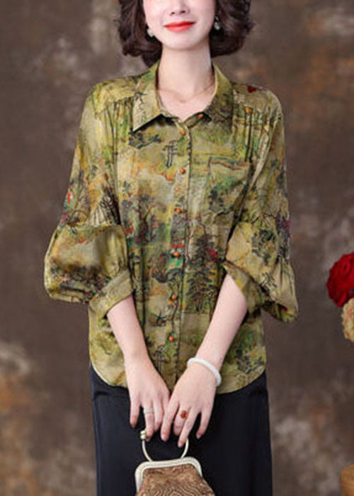 Green Peter Pan Collar Patchwork Print Silk Blouse Top Spring