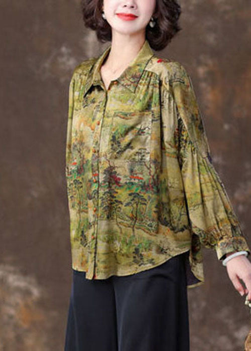 Green Peter Pan Collar Patchwork Print Silk Blouse Top Spring