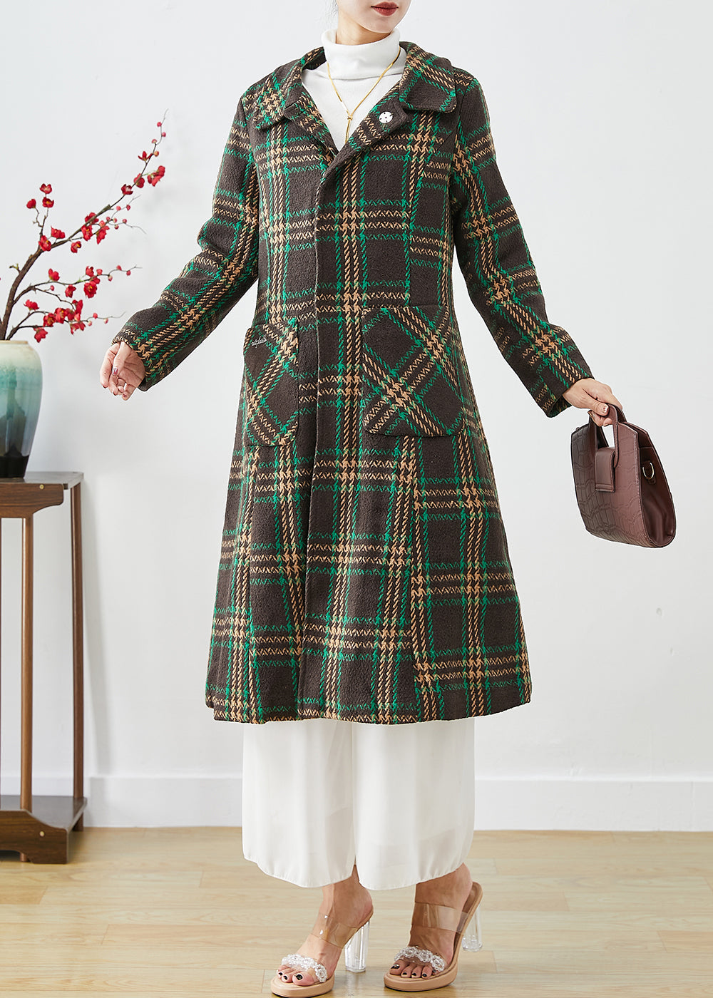 Green Peter Pan Collar Plaid Pockets Woolen Trench Fall