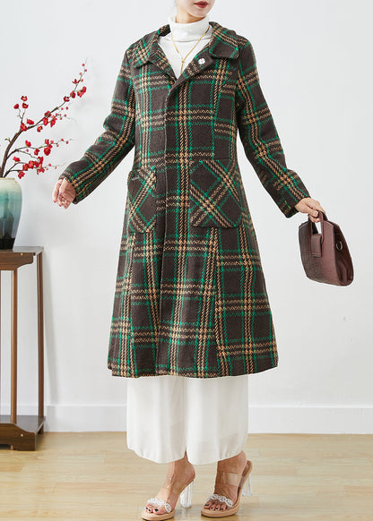 Green Peter Pan Collar Plaid Pockets Woolen Trench Fall