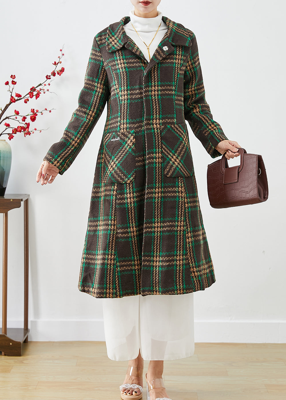 Green Peter Pan Collar Plaid Pockets Woolen Trench Fall