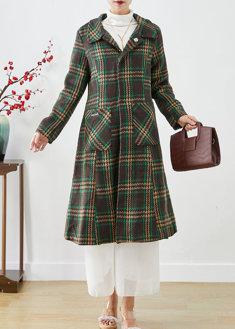 Green Peter Pan Collar Plaid Pockets Woolen Trench Fall