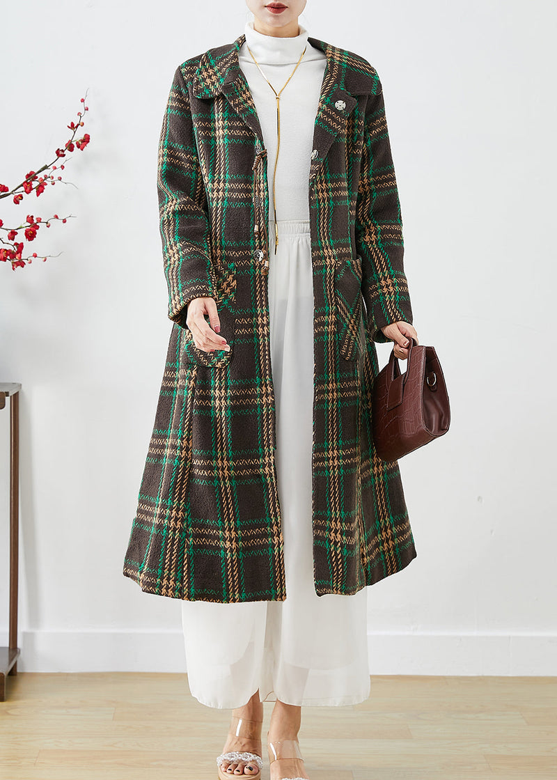Green Peter Pan Collar Plaid Pockets Woolen Trench Fall