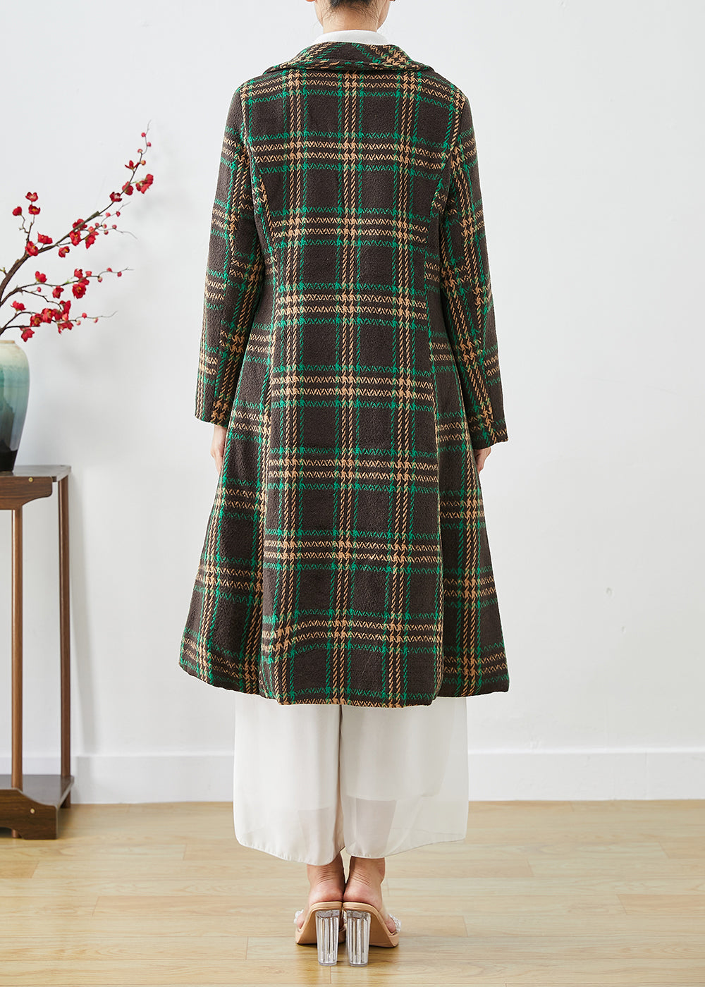 Green Peter Pan Collar Plaid Pockets Woolen Trench Fall