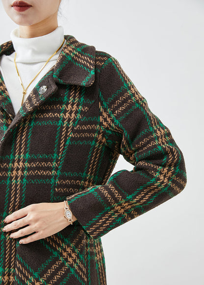 Green Peter Pan Collar Plaid Pockets Woolen Trench Fall