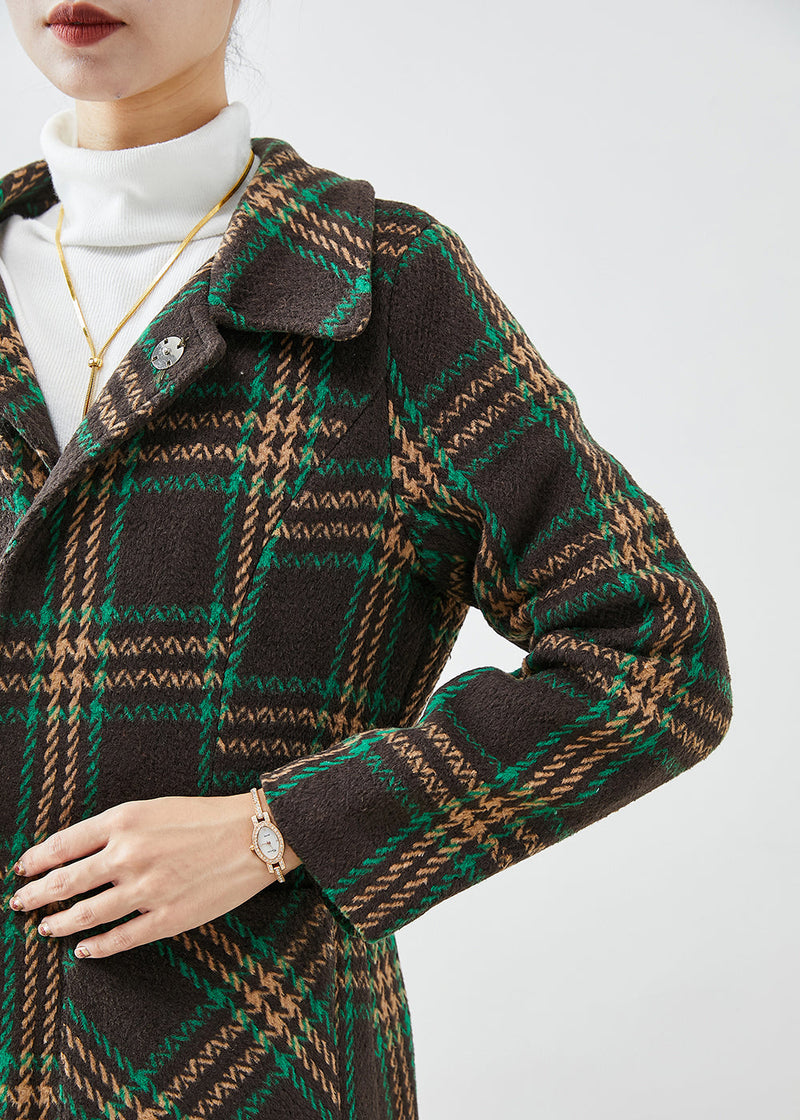 Green Peter Pan Collar Plaid Pockets Woolen Trench Fall