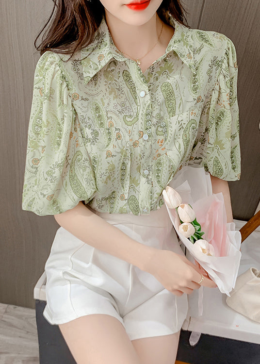 Green Peter Pan Collar Print Chiffon Shirt Top Lantern Sleeve