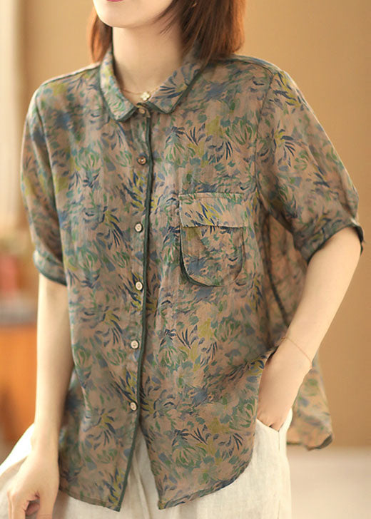 Green Peter Pan Collar Print Pocket Shirt Top Short Sleeve