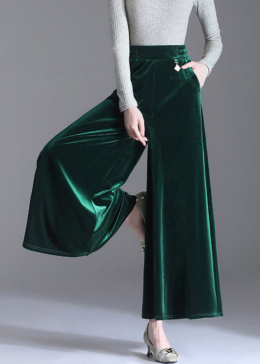 Green Pockets Elastic Waist Velour Wide Leg Pants Fall