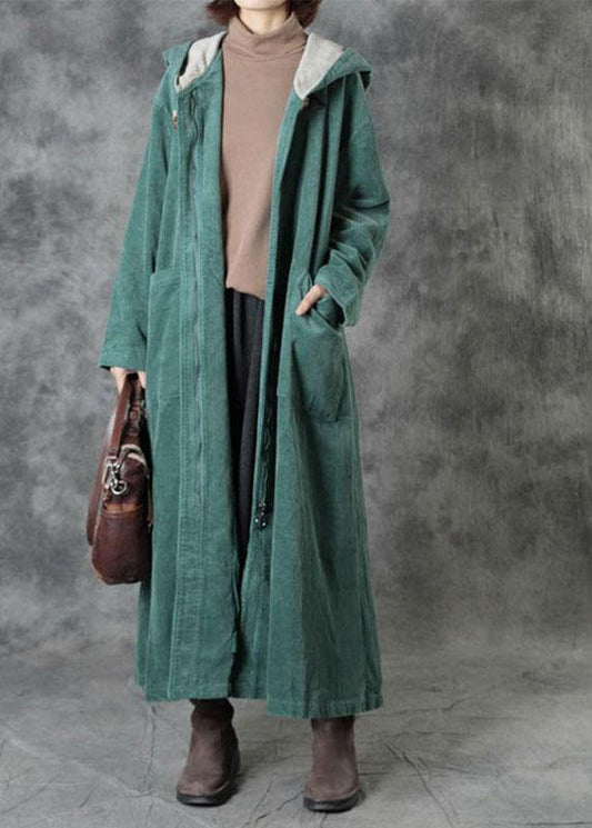 Green Pockets Hooded Zippered Button Fall Hoodies Outwear Long Sleeve