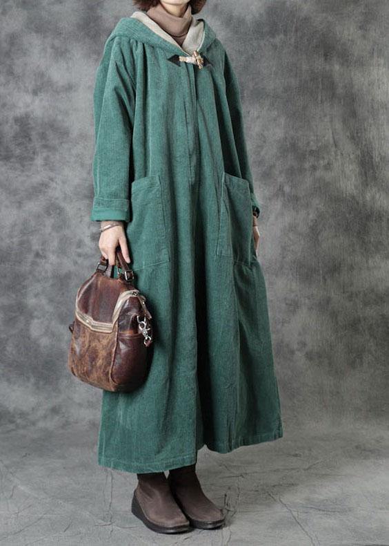Green Pockets Hooded Zippered Button Fall Hoodies Outwear Long Sleeve