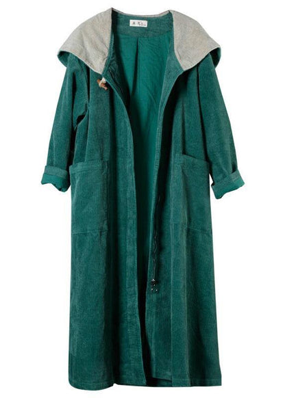 Green Pockets Hooded Zippered Button Fall Hoodies Outwear Long Sleeve