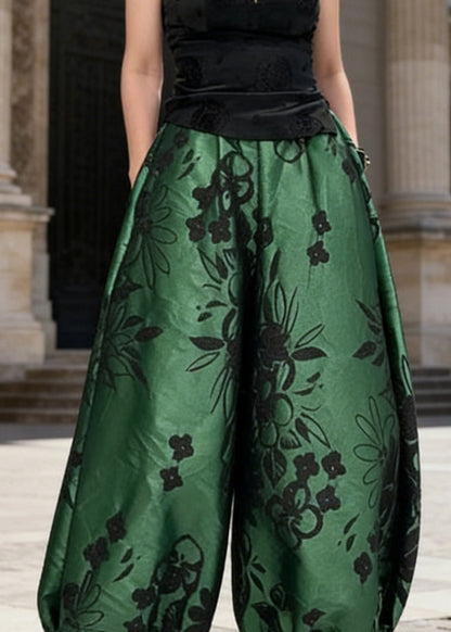 Green Pockets Print Silk Crop Lantern Pants Spring