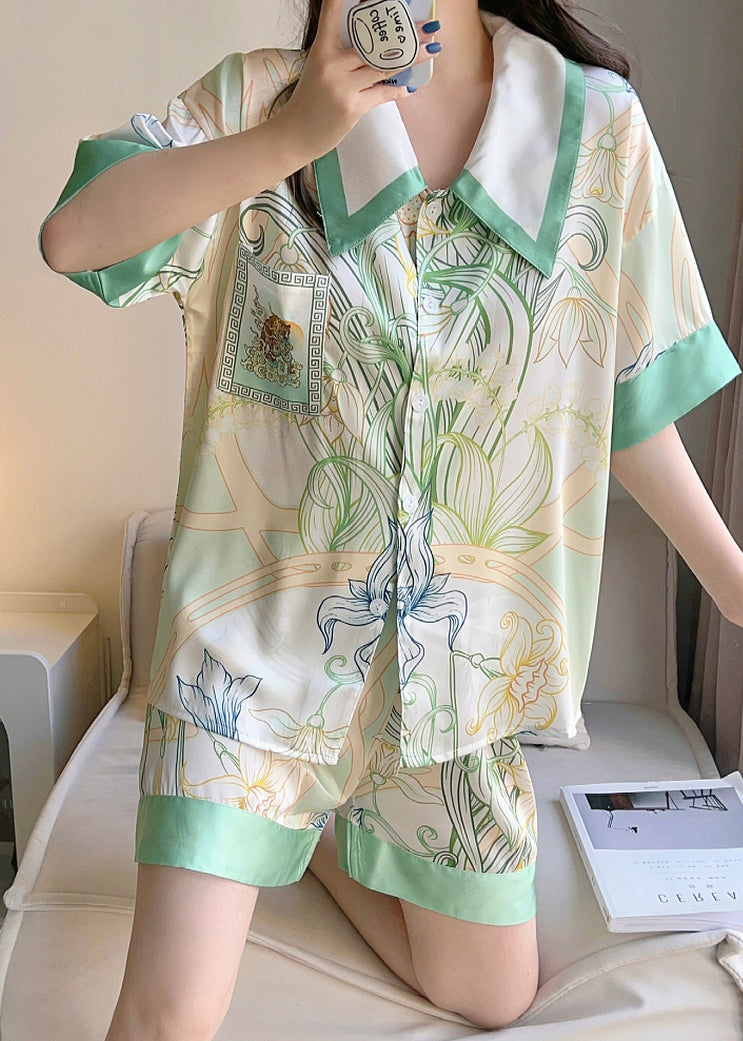 Green Print Button Shirt and Shorts Ice Silk Pajamas Two Pieces Set Summer