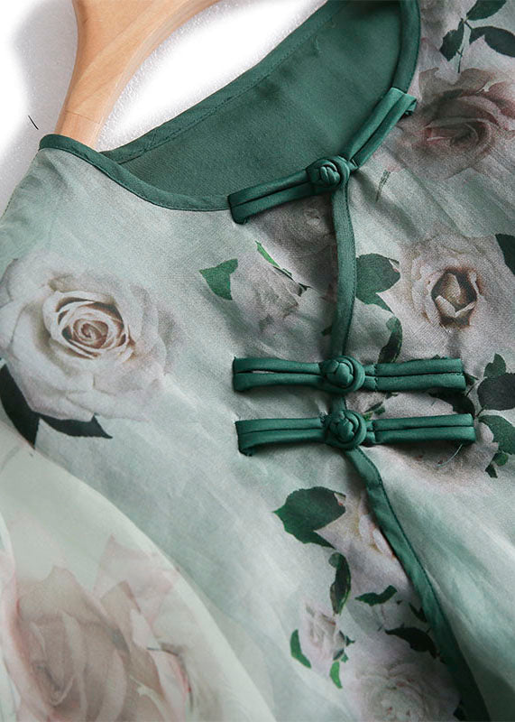 Green Print Chinese Button Patchwork Tulle T Shirt Summer