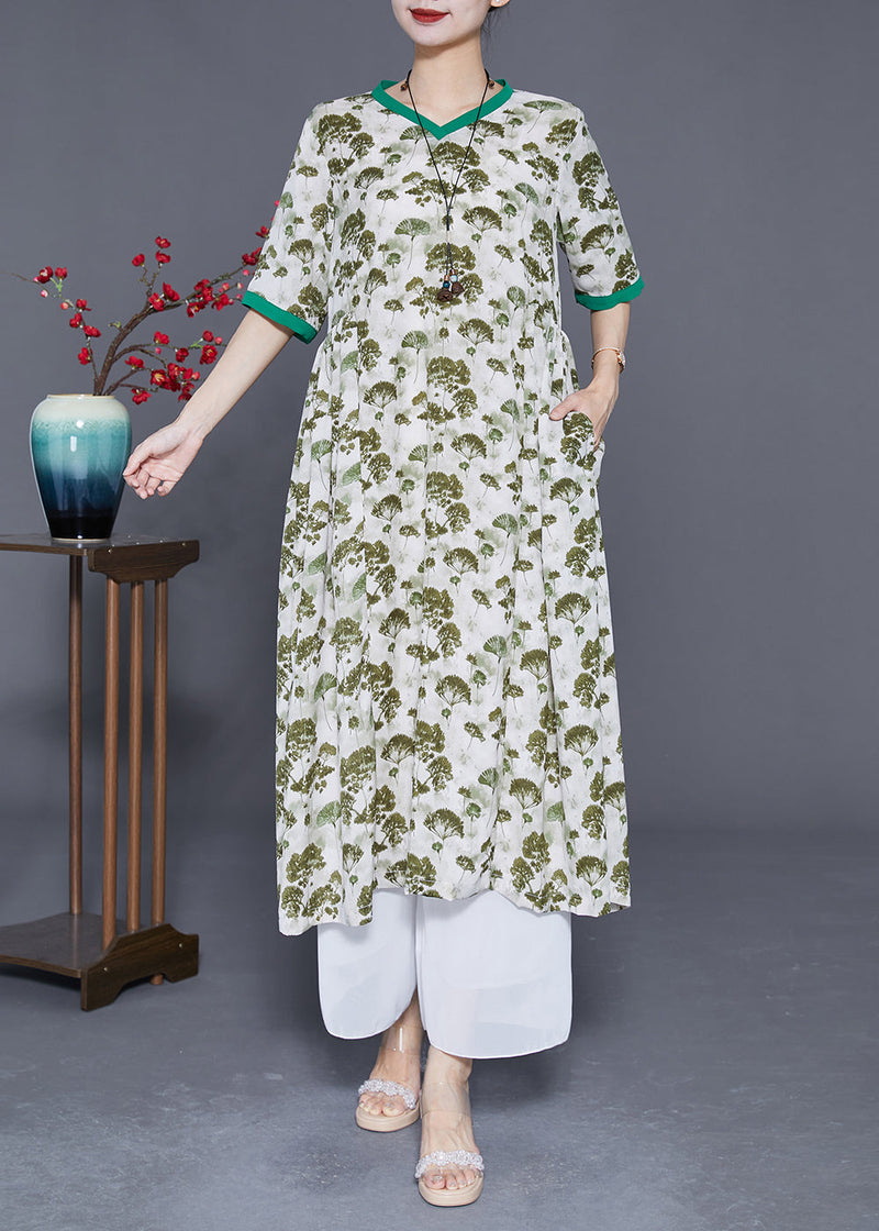 Green Print Exra Large Hem Linen Dresses Summer