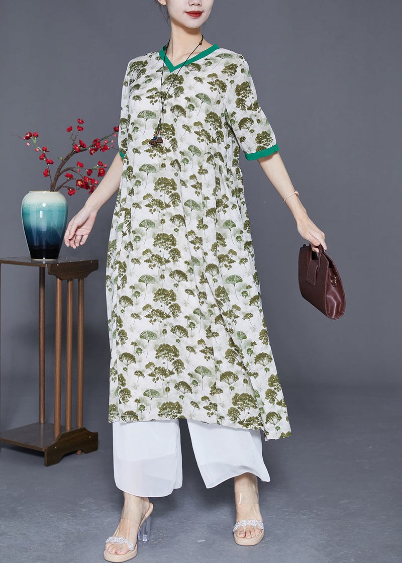Green Print Exra Large Hem Linen Dresses Summer