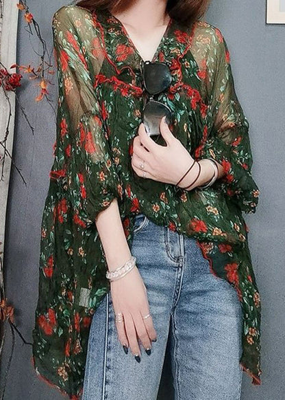 Elegant Green Print Lace Up Thin Chiffon Blouses Summer