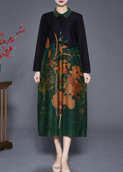 Green Print Peter Pan Collar Silk Long Dresses Fall