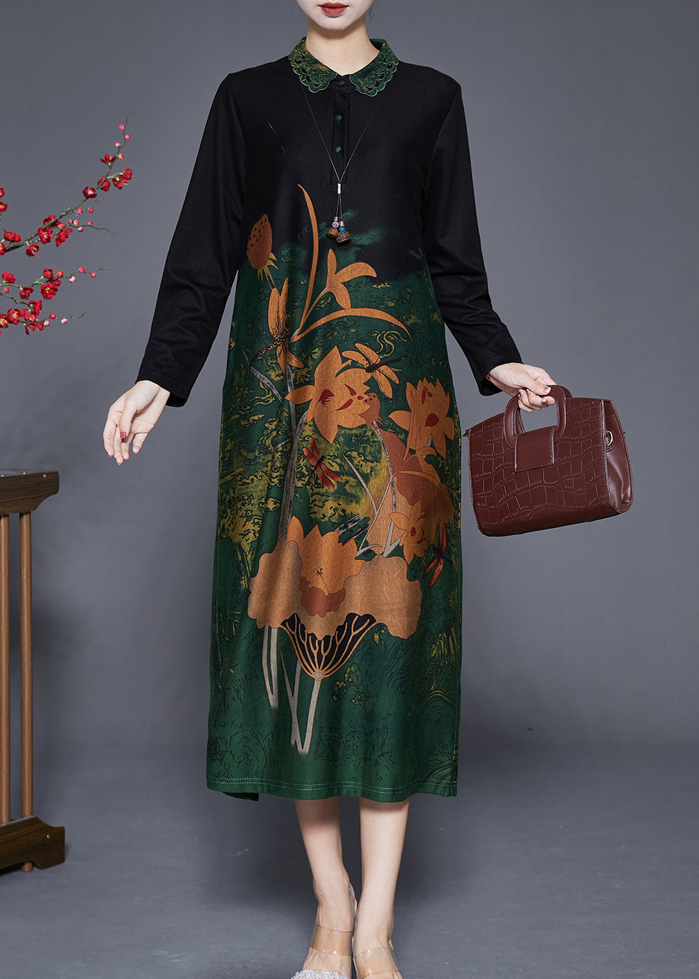Green Print Peter Pan Collar Silk Long Dresses Fall
