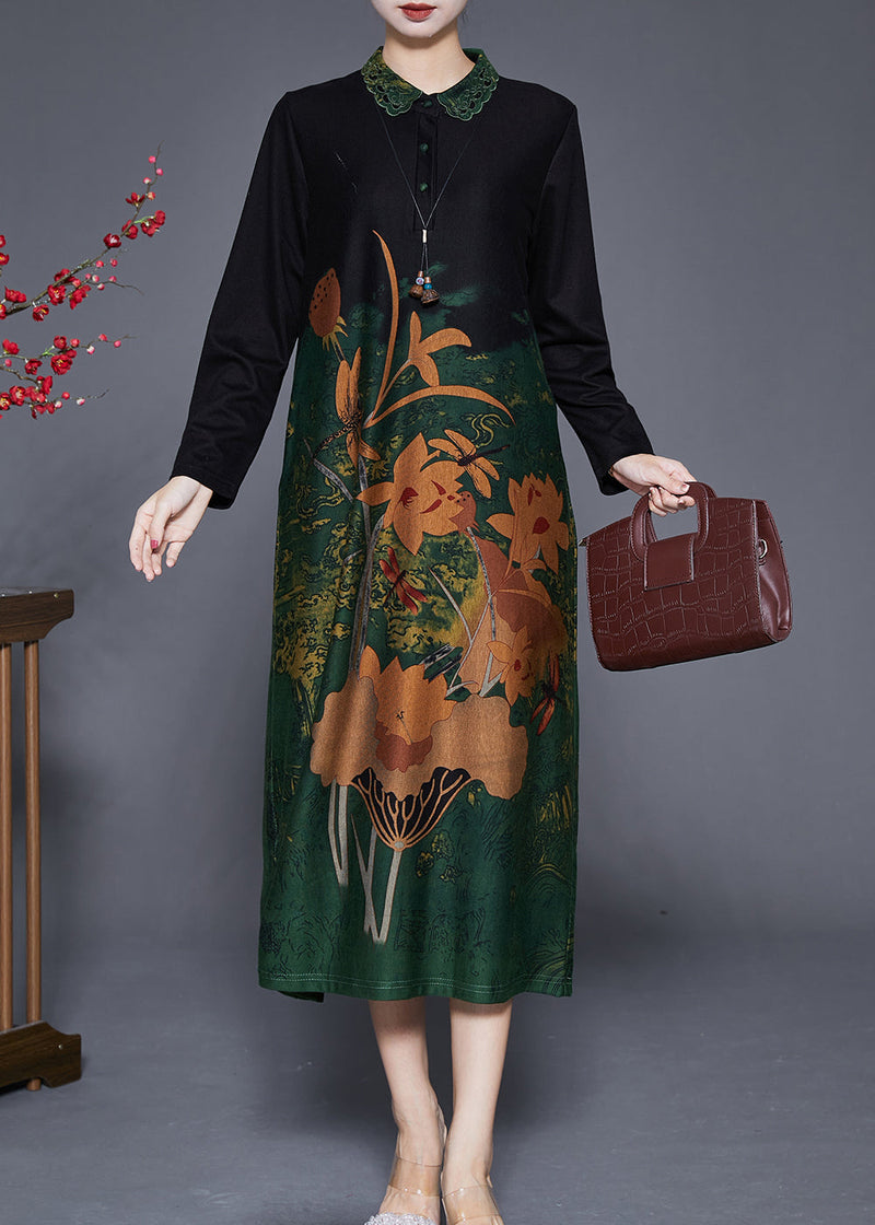 Green Print Peter Pan Collar Silk Long Dresses Fall