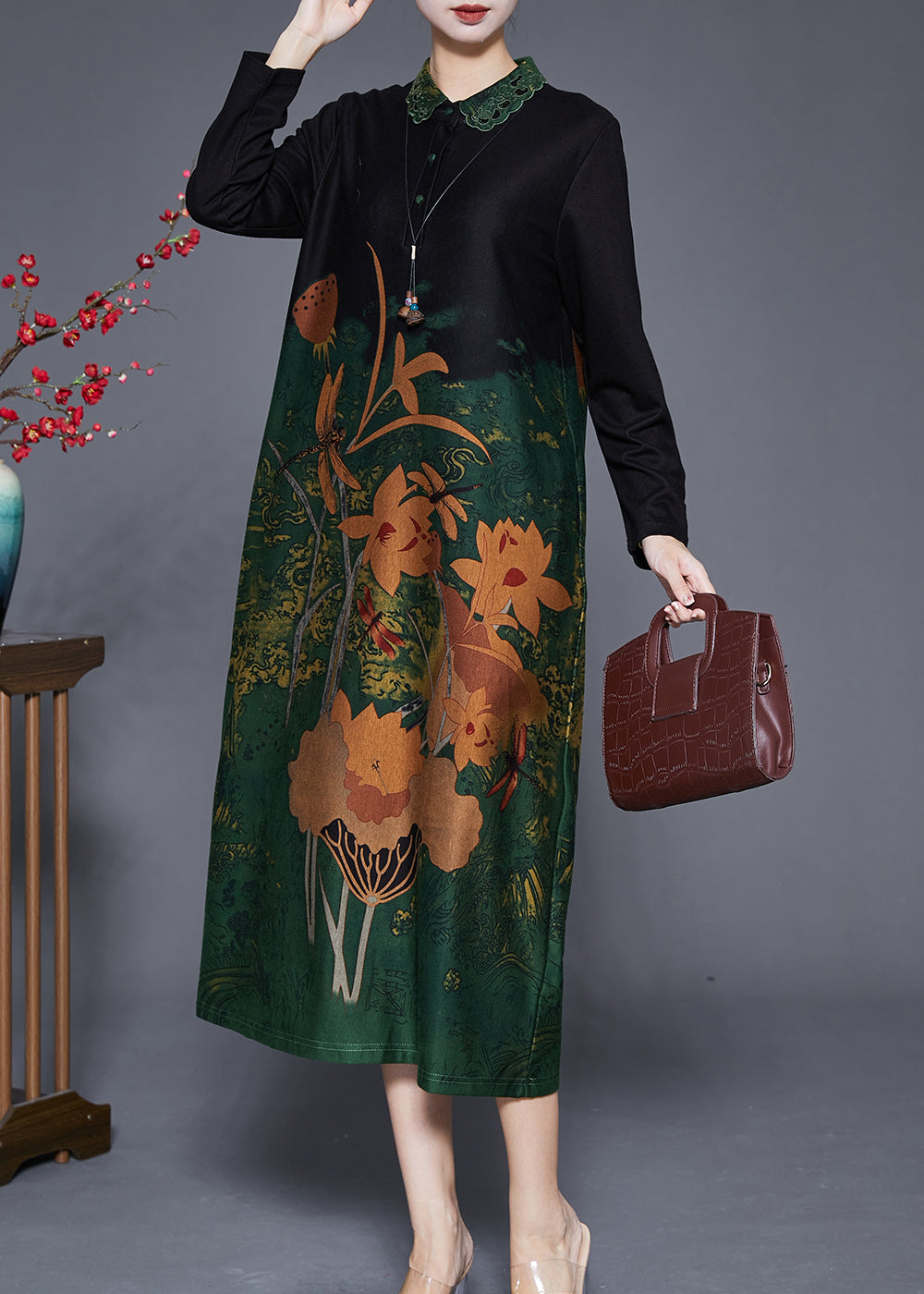Green Print Peter Pan Collar Silk Long Dresses Fall