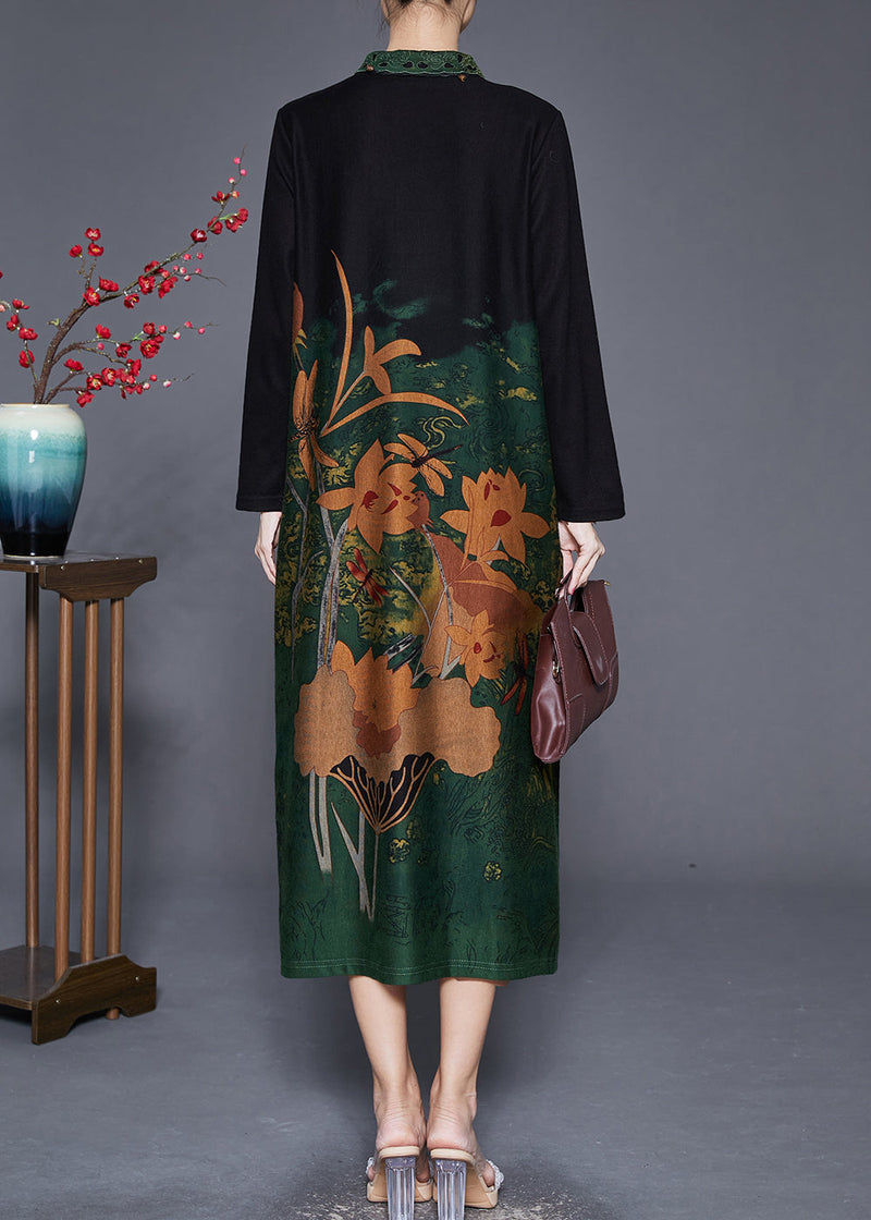 Green Print Peter Pan Collar Silk Long Dresses Fall