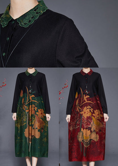 Green Print Peter Pan Collar Silk Long Dresses Fall