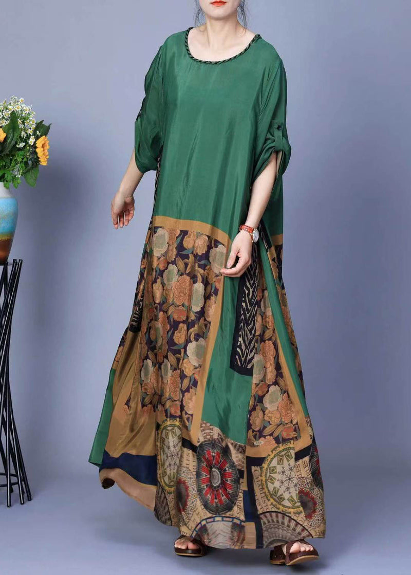 Green Print Pockets Silk Maxi Dresses Spring
