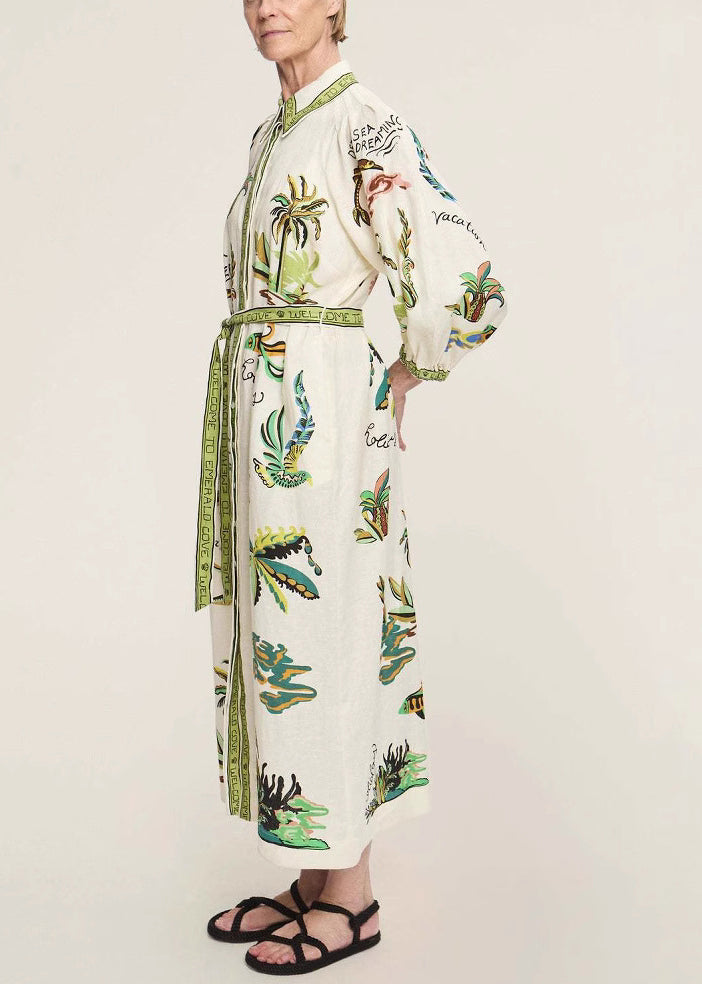 Green Print Pockets Tie Waist Linen Blouses Dresses Spring