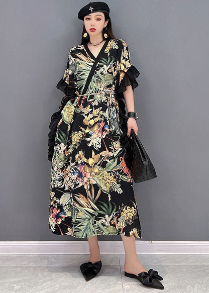 Green Print Ruffled Patchwork Chiffon Long Dress Short Sleeve