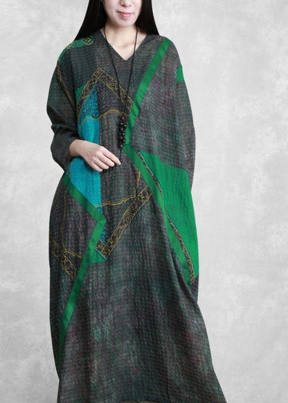 Green Print Tunic Pattern V Neck Patchwork Maxi Spring Dress