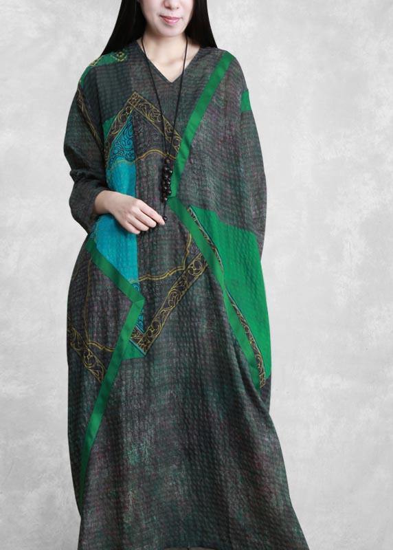 Green Print Tunic Pattern V Neck Patchwork Maxi Spring Dress