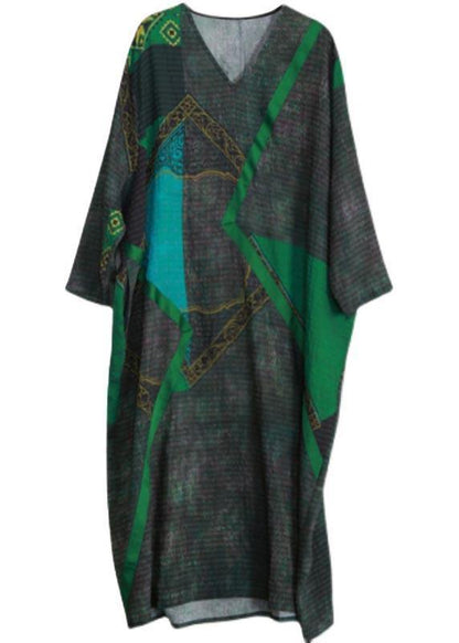 Green Print Tunic Pattern V Neck Patchwork Maxi Spring Dress