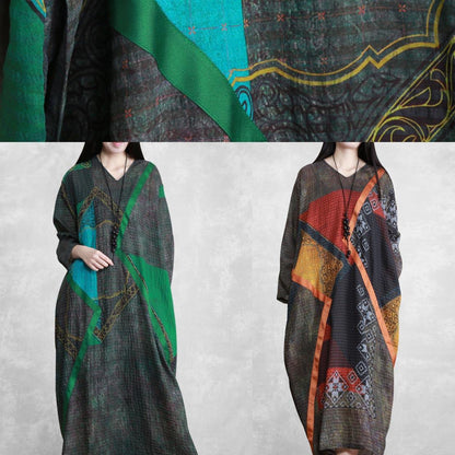 Green Print Tunic Pattern V Neck Patchwork Maxi Spring Dress