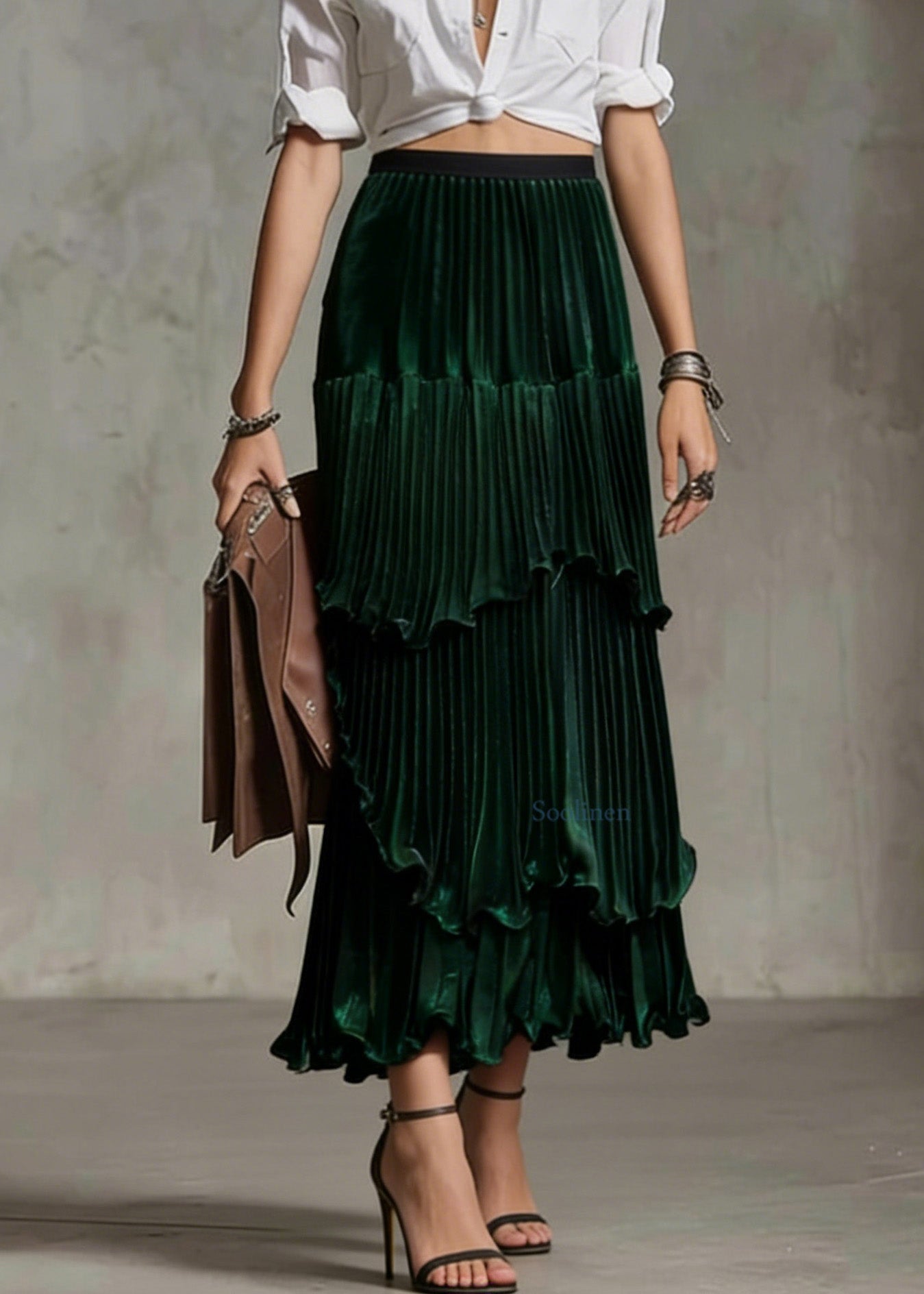 Green Ruffled Asymmetrical Design Silk Skirt Spring