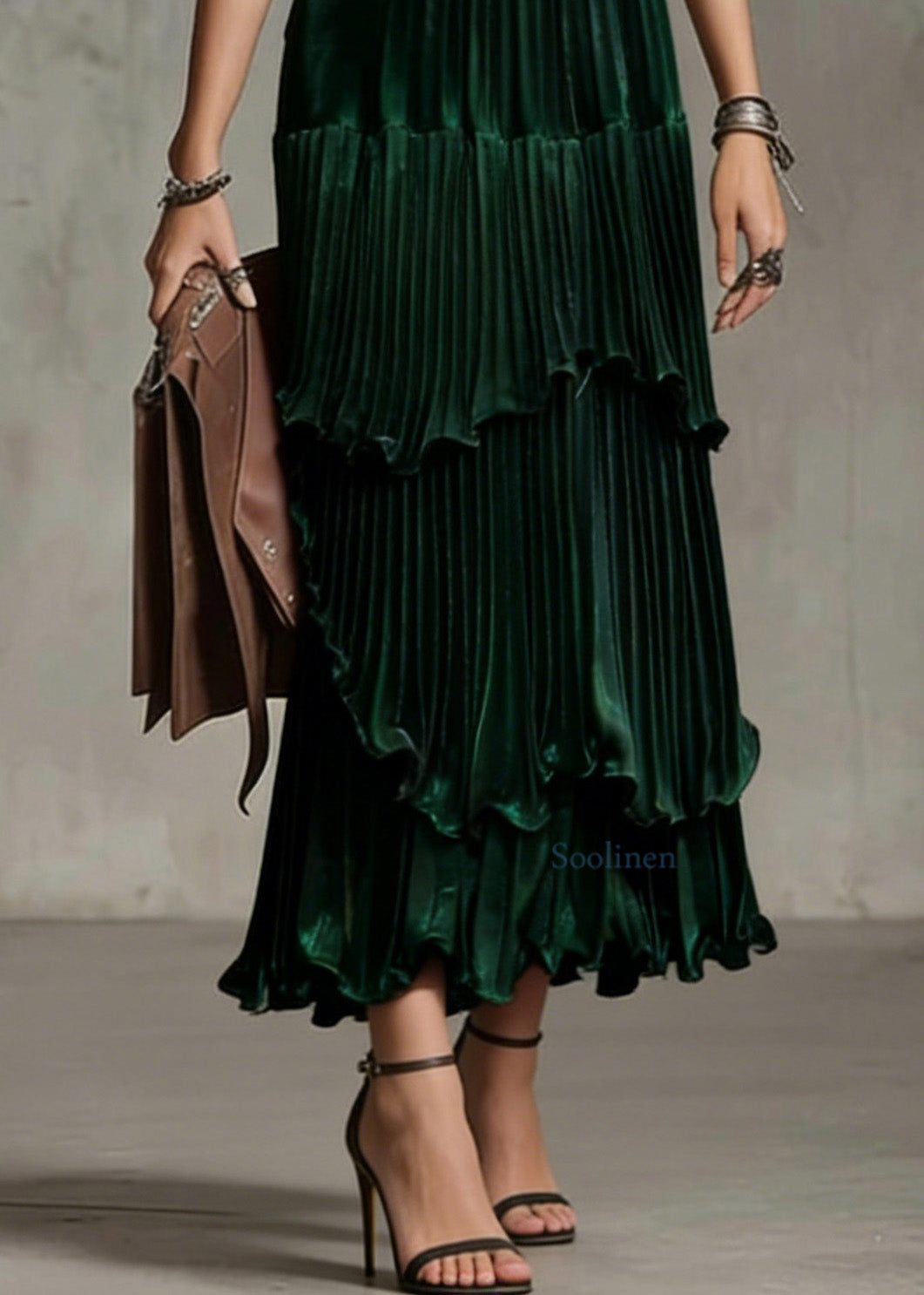 Green Ruffled Asymmetrical Design Silk Skirt Spring