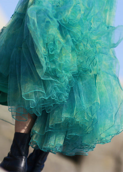 Green Ruffled Elastic Waist Tulle Skirt Spring