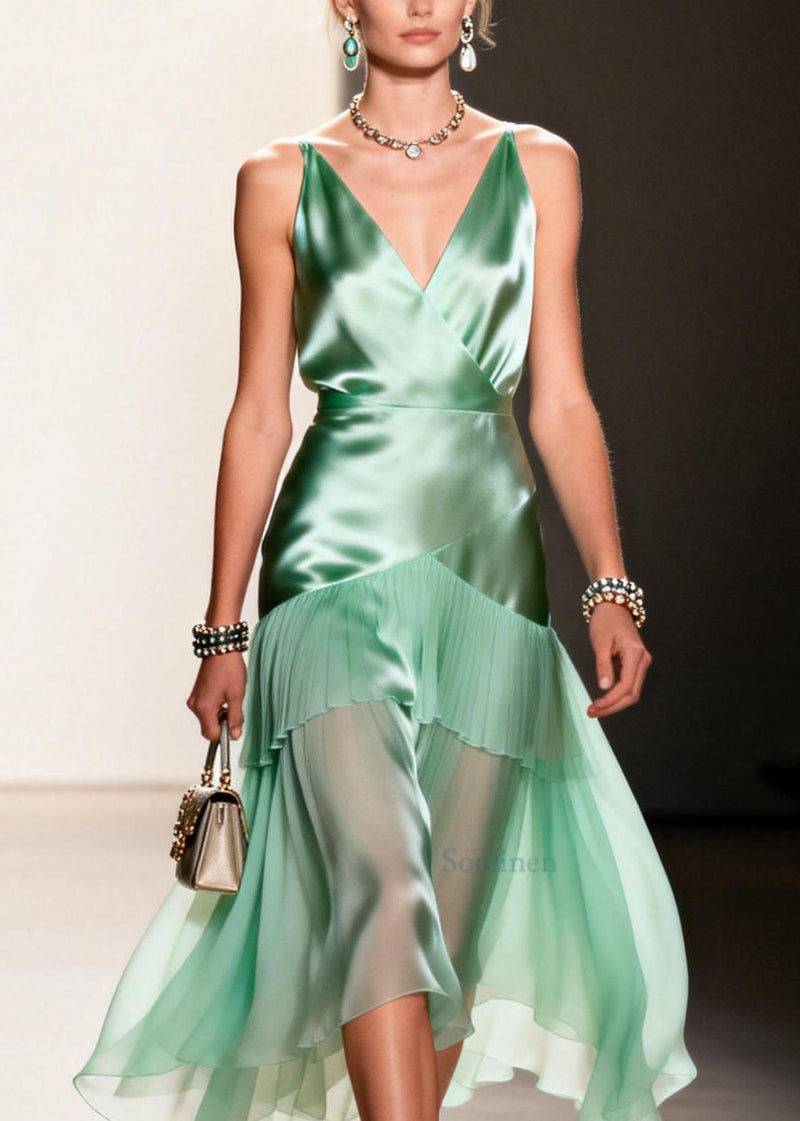 Green Ruffled Patchwork Chiffon Spaghetti Strap Dress Summer