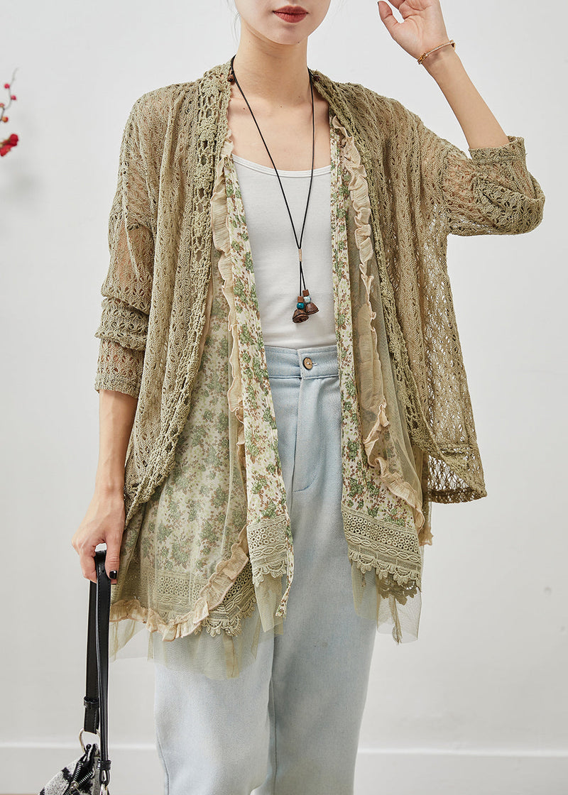 Green Ruffled Patchwork Hollow Out Lace Cardigans Fall