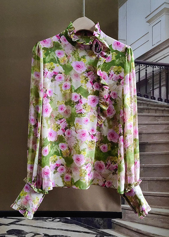 Green Ruffled Rose Print Silk Tops Spring