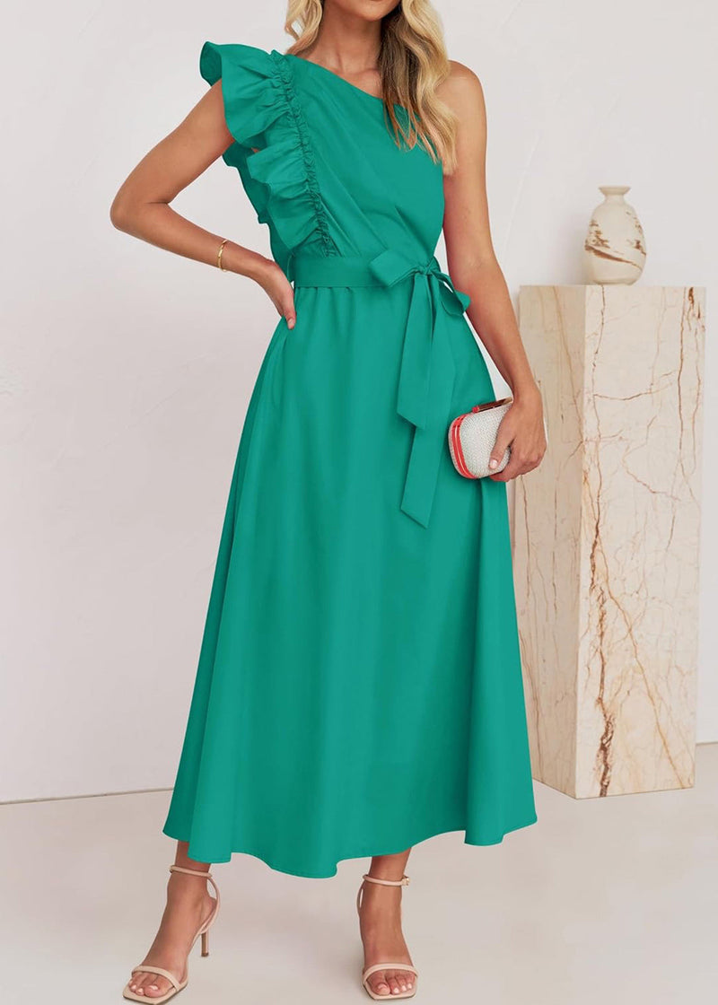 Green Ruffled Tie Waist Cotton Long Dress Summer