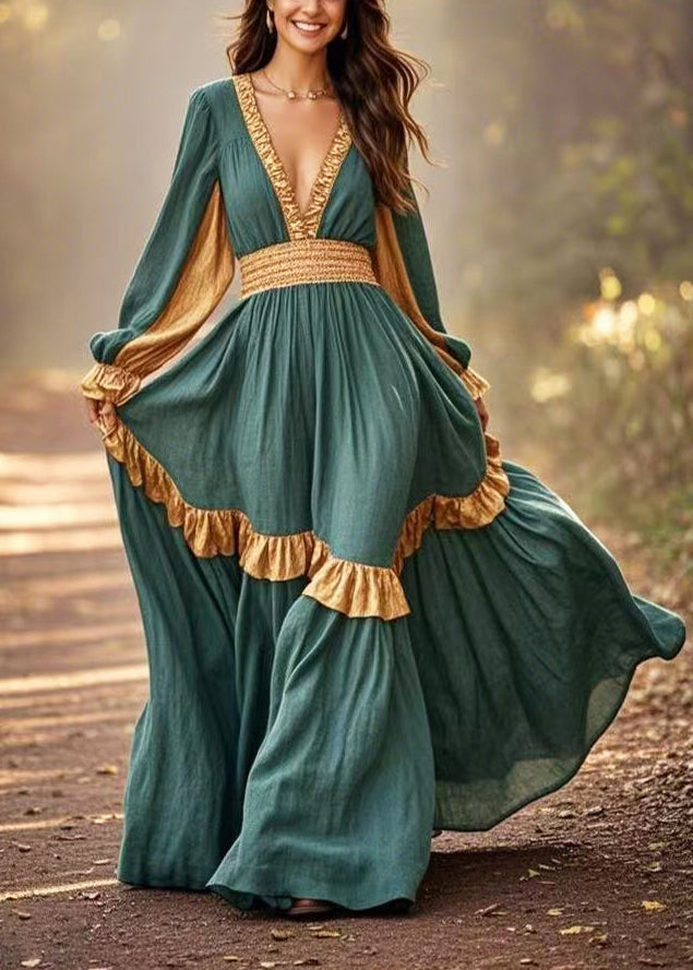 Green Ruffles Patchwork Exra Large Hem Cotton Party Dress Spring