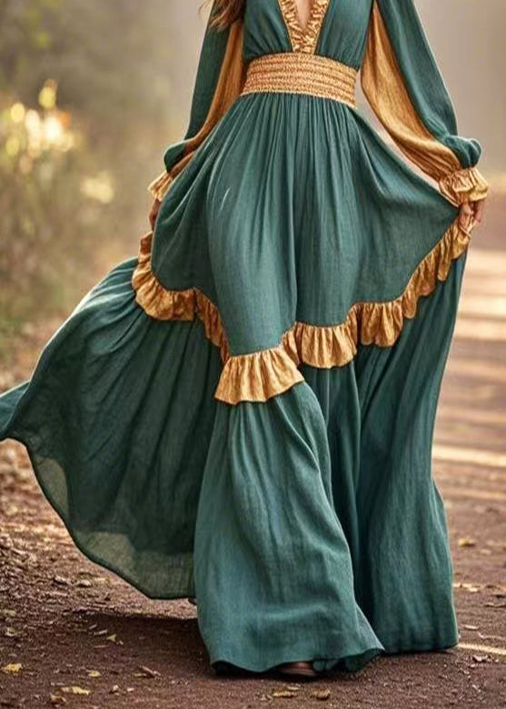 Green Ruffles Patchwork Exra Large Hem Cotton Party Dress Spring