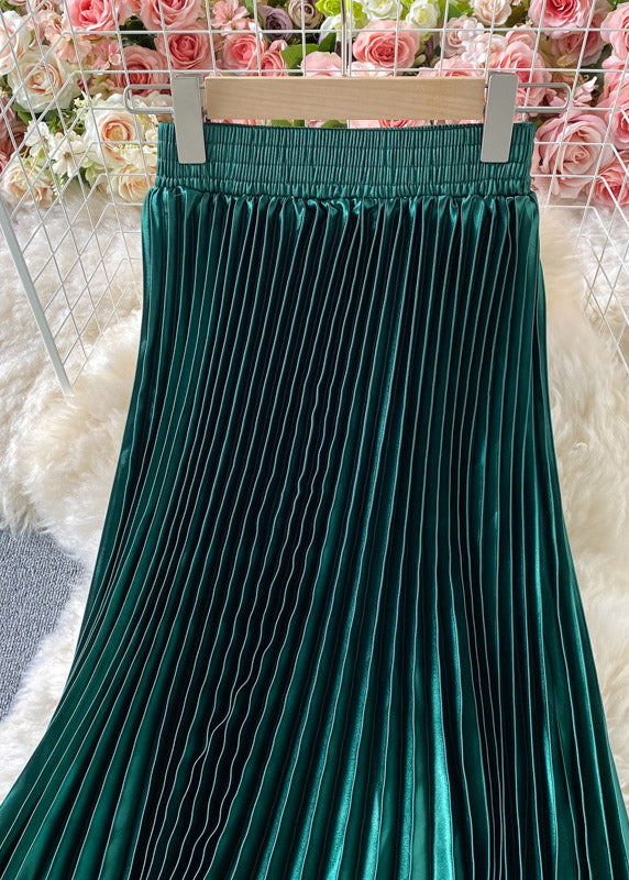Green Satin Elastic Waist a Line Skirts Spring