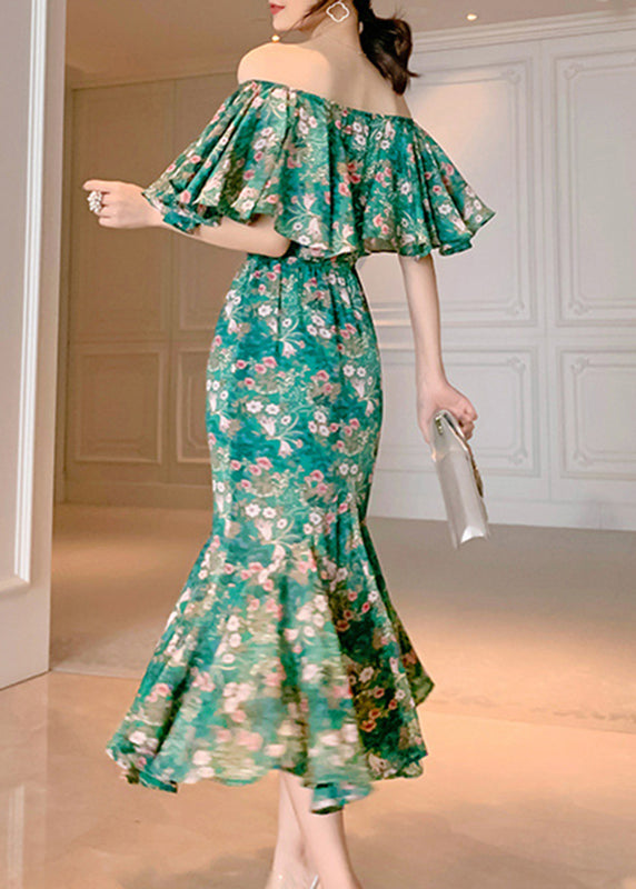 Green Slash Neck Print Long Fishtail Dress Short Sleeve