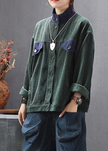 Green Stand Collar Button Corduroy Coats Spring